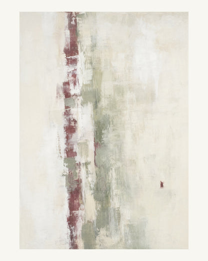 Abstrakt måleriskt motiv i matt vit, varm krita, vinrött, dämpad salvia. Ett brutet lodrätt färgstråk möter tunna utsuddade slöjor och en liten förskjuten accent. 40 × 50 cm.