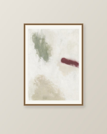 Abstrakt måleriskt motiv i matt vit, varm krita, vinrött, dämpad salvia. Fristående färgavtryck i olika storlek lämnar generösa mellanrum och låter papprets ljusa yta bära bilden. Illustrerad inramningsvy. Ram ingår inte.