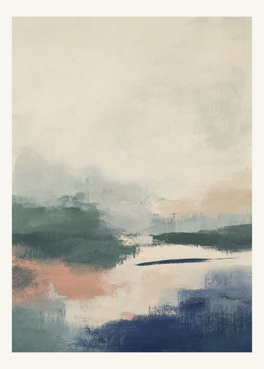 Abstrakt måleriskt motiv i mörk grågrön, benvitt, djup indigo, lerrosa. Breda, ojämna färglager möts kring en avbruten horisont och lämnar gott om ljus luft. 50 × 70 cm.