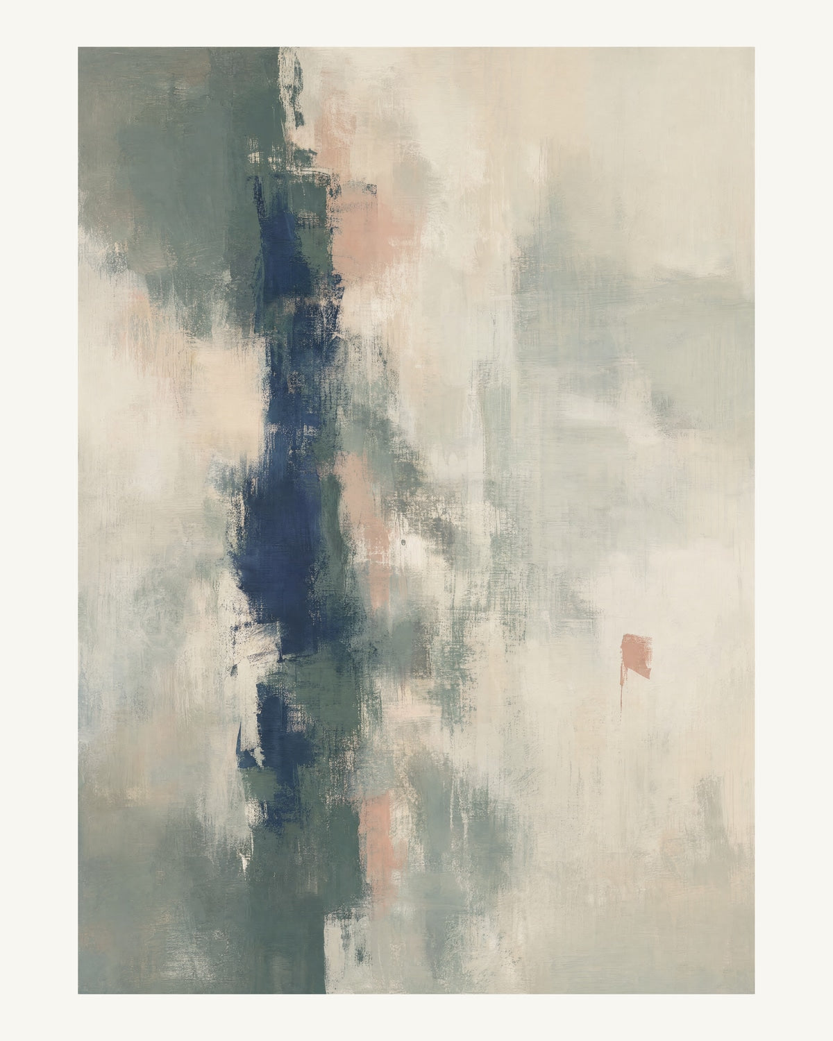 Abstrakt måleriskt motiv i mörk grågrön, benvitt, djup indigo, lerrosa. Ett brutet lodrätt färgstråk möter tunna utsuddade slöjor och en liten förskjuten accent. 40 × 50 cm.