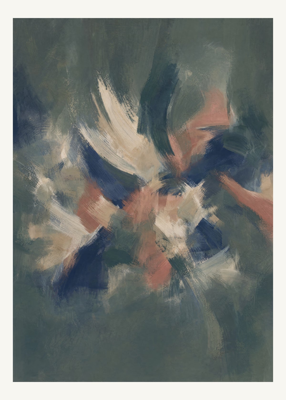 Abstrakt måleriskt motiv i mörk grågrön, benvitt, djup indigo, lerrosa. Korta, torra penseldrag möter en bredare rörelse i en färgrik mittpunkt med luft runt omkring. 50 × 70 cm.