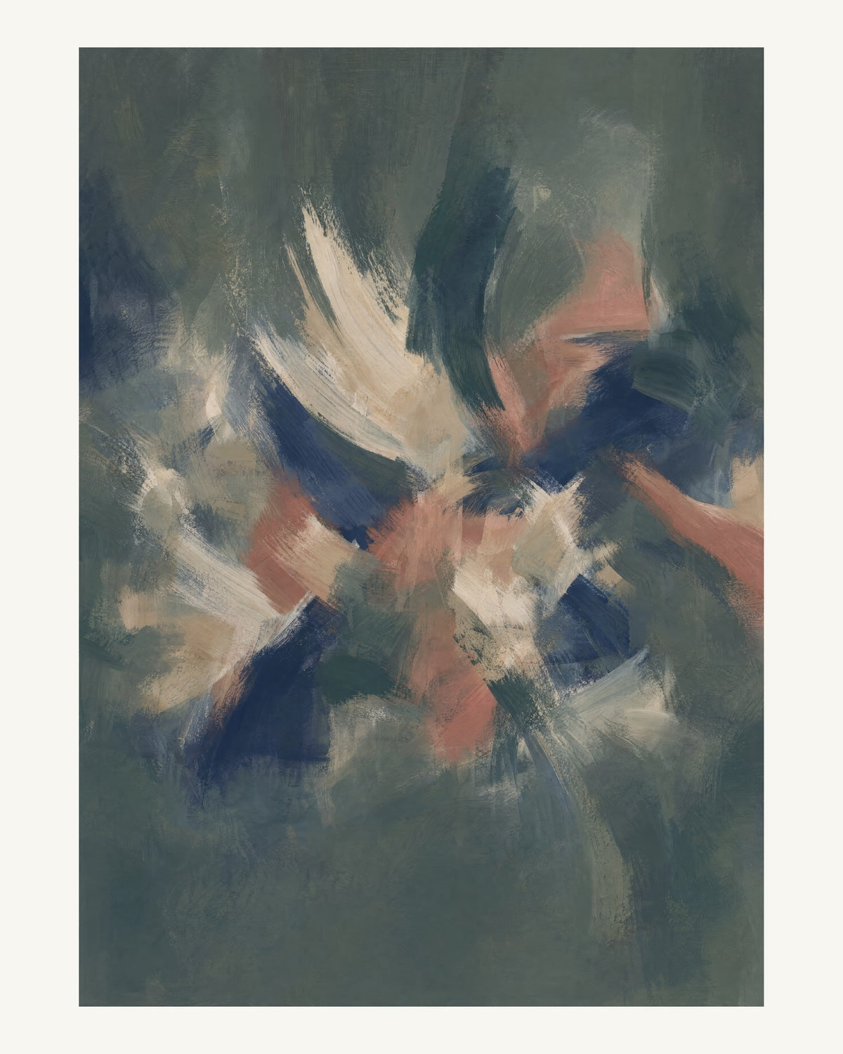 Abstrakt måleriskt motiv i mörk grågrön, benvitt, djup indigo, lerrosa. Korta, torra penseldrag möter en bredare rörelse i en färgrik mittpunkt med luft runt omkring. 40 × 50 cm.