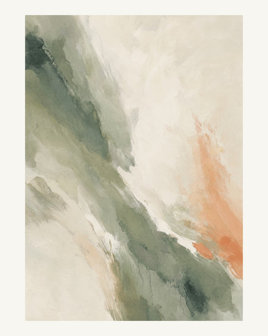 Abstrakt måleriskt motiv i grågrön, ljus kalk, skogsskugga, aprikos. Tunna färgslöjor glider diagonalt över ljusa partier, med ett tätare färgavtryck som motvikt. 40 × 50 cm.