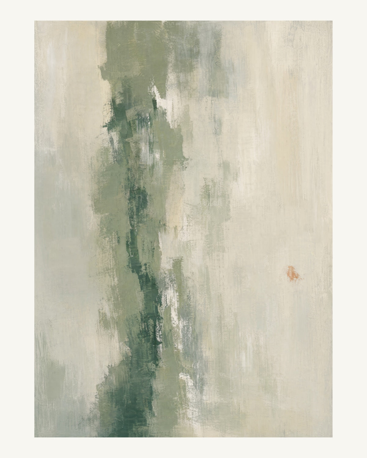Abstrakt måleriskt motiv i grågrön, ljus kalk, skogsskugga, aprikos. Ett brutet lodrätt färgstråk möter tunna utsuddade slöjor och en liten förskjuten accent. 40 × 50 cm.