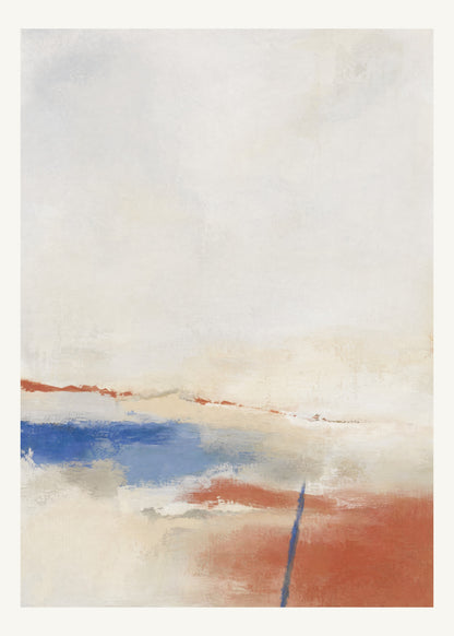 Abstrakt måleriskt motiv i matt vit, varmt elfenben, kobolt, tegelrött. Breda, ojämna färglager möts kring en avbruten horisont och lämnar gott om ljus luft. 50 × 70 cm.
