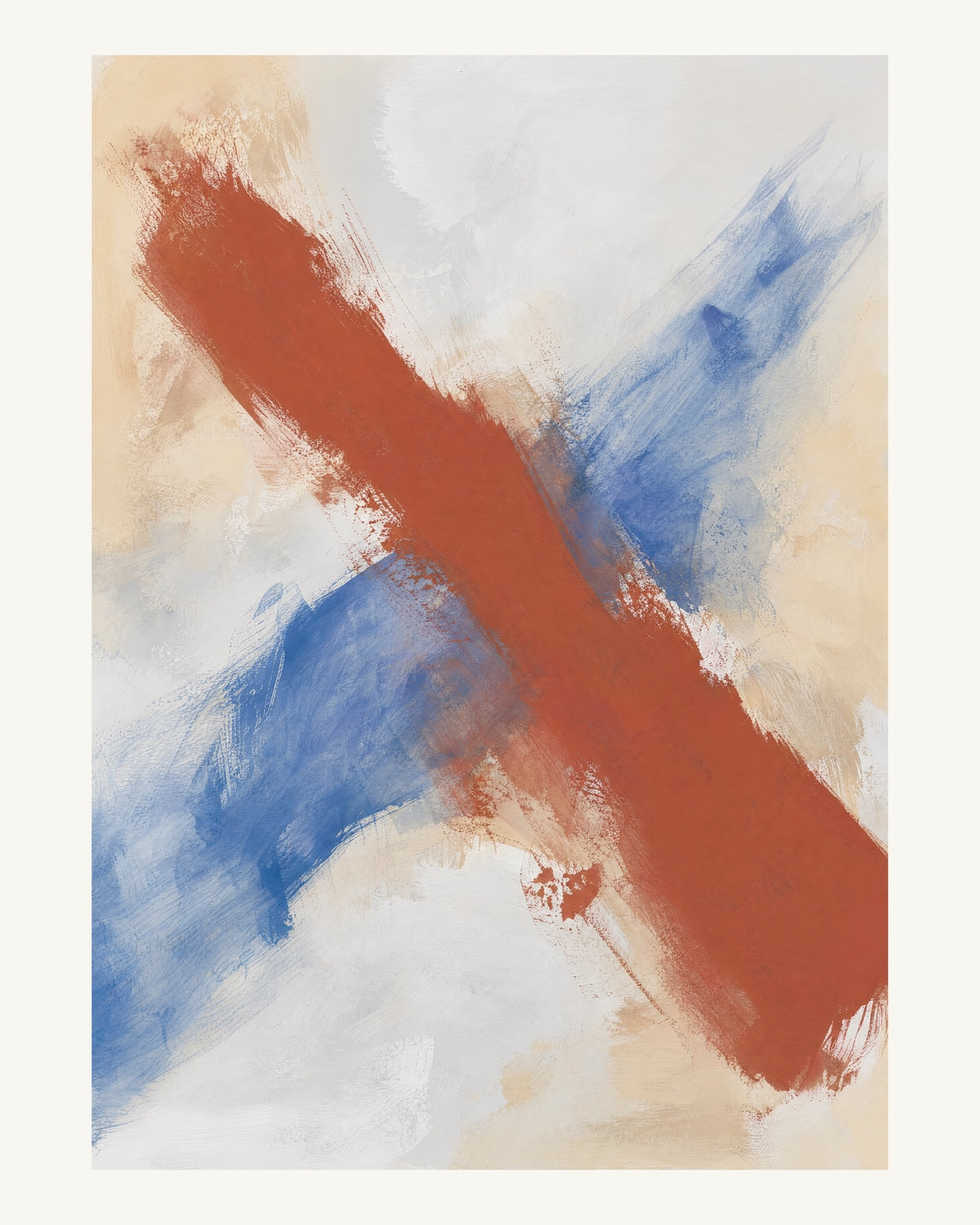 Abstrakt måleriskt motiv i matt vit, varmt elfenben, kobolt, tegelrött. Två olika penselrörelser möts i en öppen, asymmetrisk komposition med synliga underliggande färglager. 40 × 50 cm.