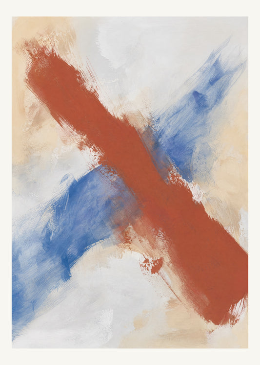 Abstrakt måleriskt motiv i matt vit, varmt elfenben, kobolt, tegelrött. Två olika penselrörelser möts i en öppen, asymmetrisk komposition med synliga underliggande färglager. 50 × 70 cm.