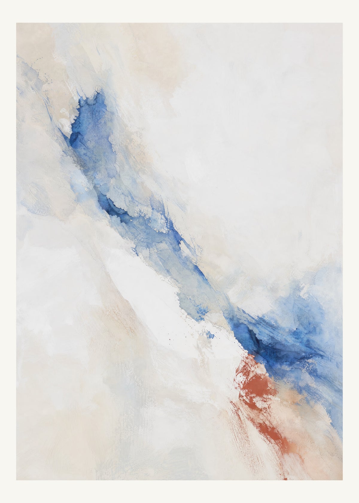 Abstrakt måleriskt motiv i matt vit, varmt elfenben, kobolt, tegelrött. Tunna färgslöjor glider diagonalt över ljusa partier, med ett tätare färgavtryck som motvikt. 50 × 70 cm.