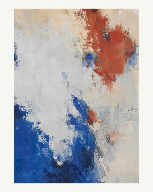Abstrakt måleriskt motiv i matt vit, varmt elfenben, kobolt, tegelrött. Ett fylligt, oregelbundet färgfält får tyngd av skrapade lager och bryts av ljusare öppningar. 40 × 50 cm.