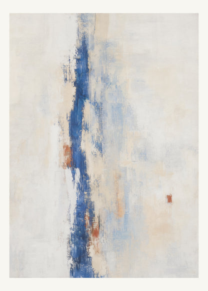 Abstrakt måleriskt motiv i matt vit, varmt elfenben, kobolt, tegelrött. Ett brutet lodrätt färgstråk möter tunna utsuddade slöjor och en liten förskjuten accent. 50 × 70 cm.