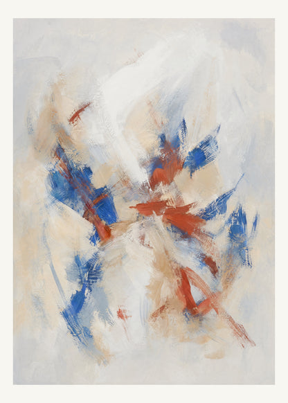 Abstrakt måleriskt motiv i matt vit, varmt elfenben, kobolt, tegelrött. Korta, torra penseldrag möter en bredare rörelse i en färgrik mittpunkt med luft runt omkring. 50 × 70 cm.