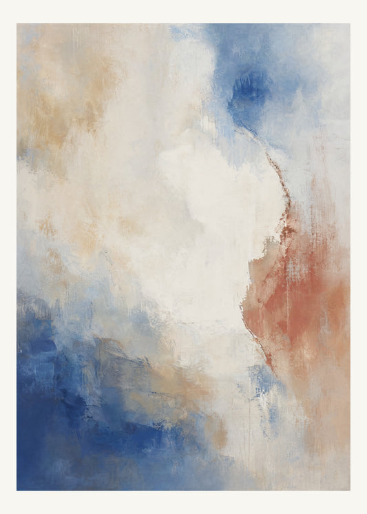 Abstrakt måleriskt motiv i matt vit, varmt elfenben, kobolt, tegelrött. Mjuka färgfält löser upp sig kring ett ljust mellanrum, med diskreta skrapningar som ger ytan liv. 50 × 70 cm.