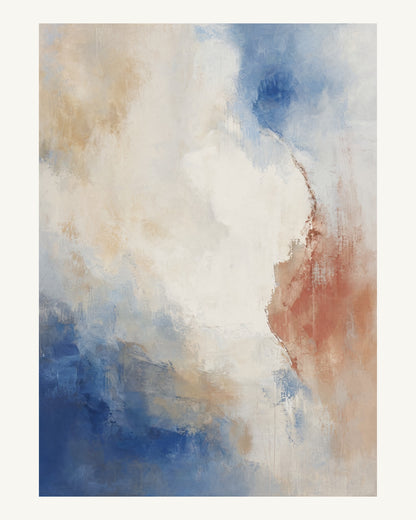 Abstrakt måleriskt motiv i matt vit, varmt elfenben, kobolt, tegelrött. Mjuka färgfält löser upp sig kring ett ljust mellanrum, med diskreta skrapningar som ger ytan liv. 40 × 50 cm.