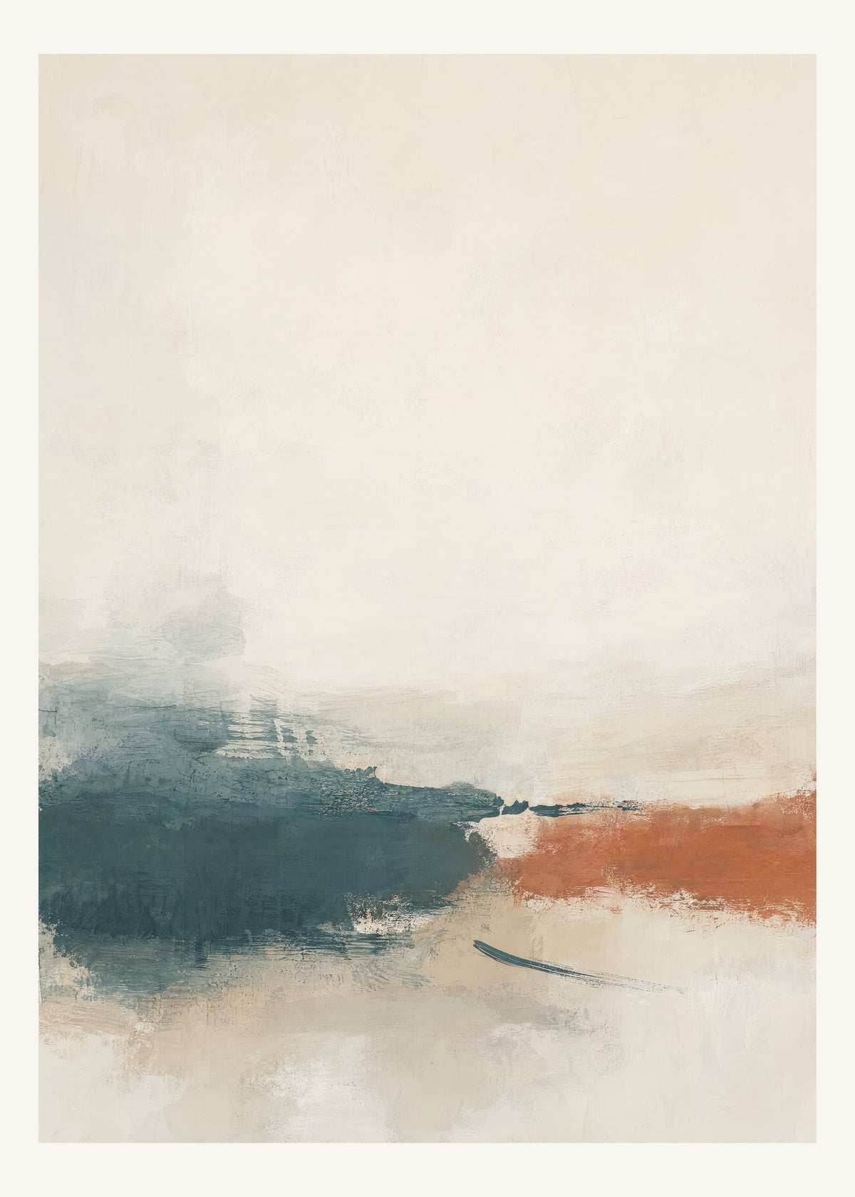 Abstrakt måleriskt motiv i off-white, pappersvitt, petroleum, bränd terrakotta. Breda, ojämna färglager möts kring en avbruten horisont och lämnar gott om ljus luft. 50 × 70 cm.