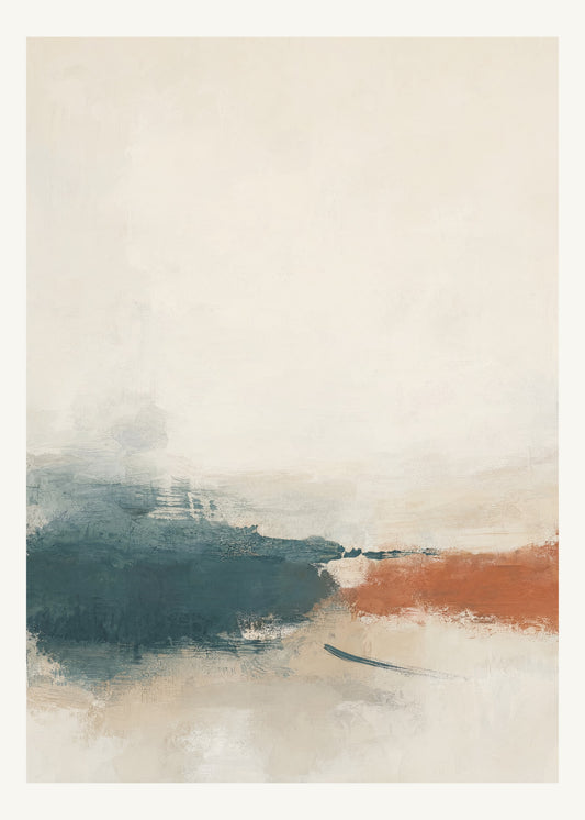 Abstrakt måleriskt motiv i off-white, pappersvitt, petroleum, bränd terrakotta. Breda, ojämna färglager möts kring en avbruten horisont och lämnar gott om ljus luft. 50 × 70 cm.