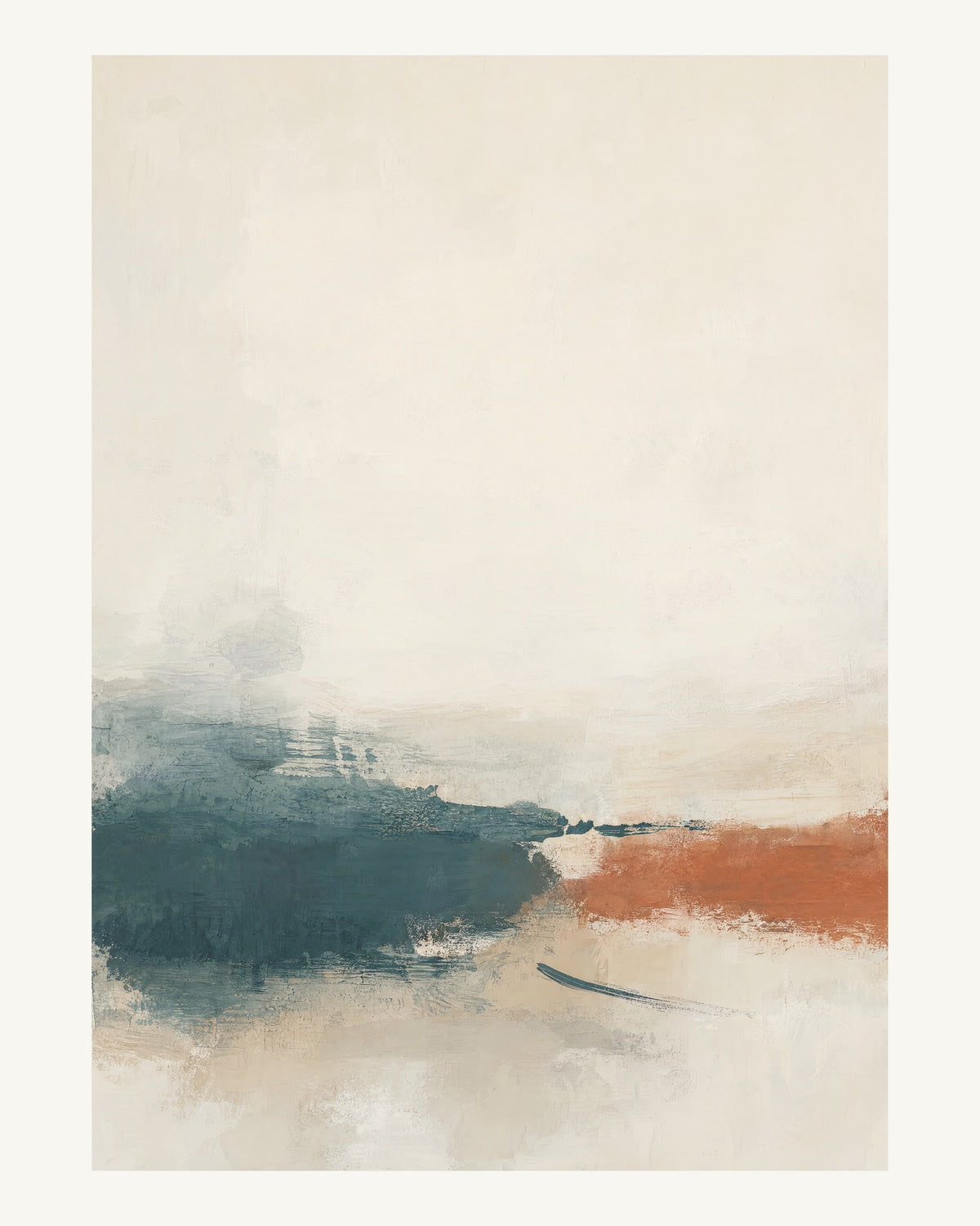 Abstrakt måleriskt motiv i off-white, pappersvitt, petroleum, bränd terrakotta. Breda, ojämna färglager möts kring en avbruten horisont och lämnar gott om ljus luft. 40 × 50 cm.