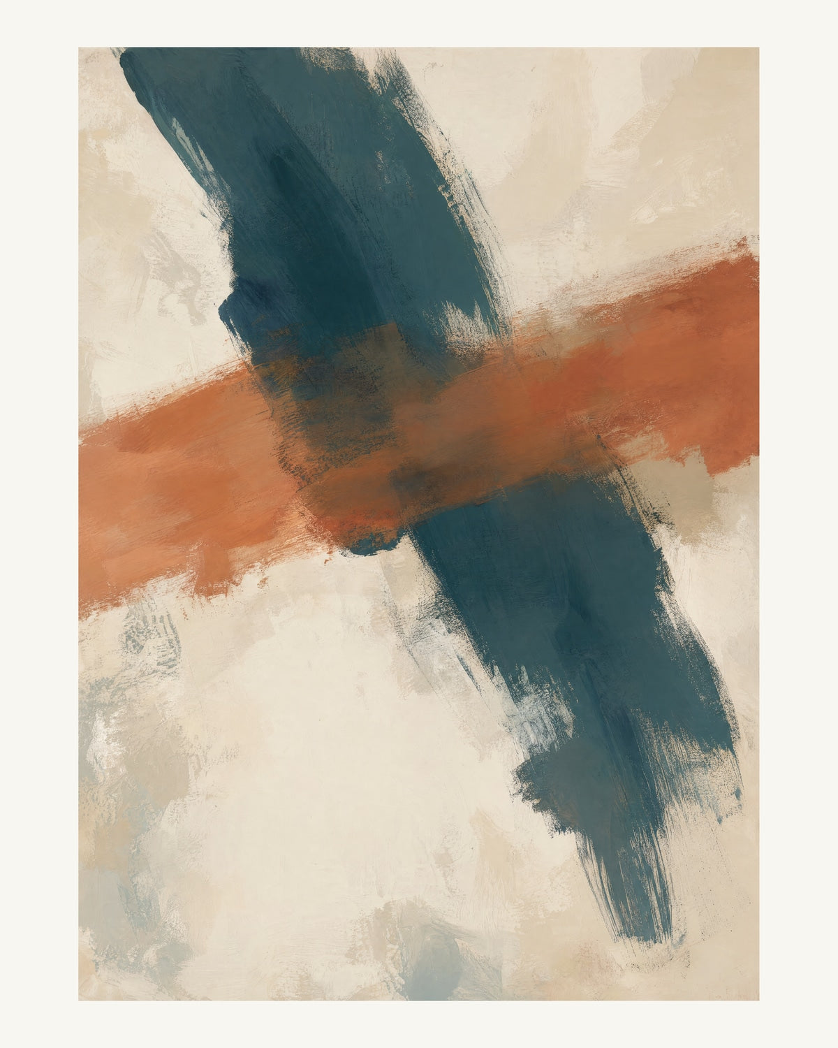 Abstrakt måleriskt motiv i off-white, pappersvitt, petroleum, bränd terrakotta. Två olika penselrörelser möts i en öppen, asymmetrisk komposition med synliga underliggande färglager. 40 × 50 cm.