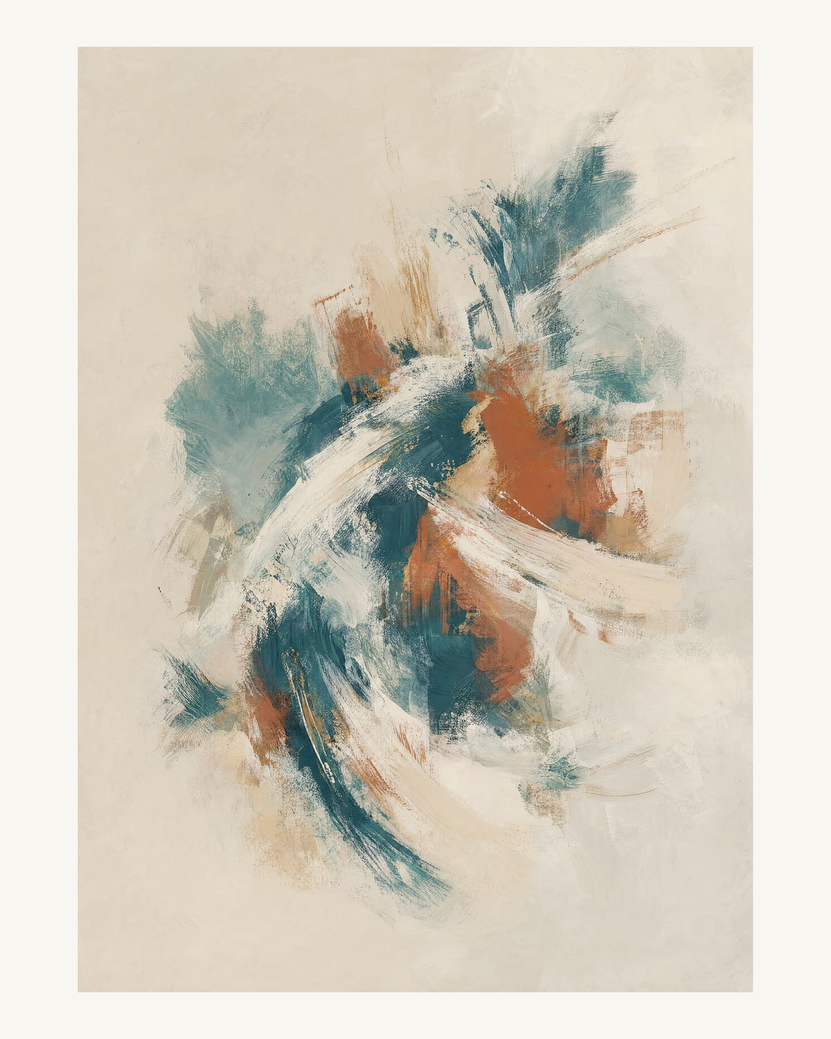 Abstrakt måleriskt motiv i off-white, pappersvitt, petroleum, bränd terrakotta. Korta, torra penseldrag möter en bredare rörelse i en färgrik mittpunkt med luft runt omkring. 40 × 50 cm.