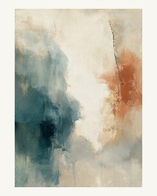 Abstrakt måleriskt motiv i off-white, pappersvitt, petroleum, bränd terrakotta. Mjuka färgfält löser upp sig kring ett ljust mellanrum, med diskreta skrapningar som ger ytan liv. 40 × 50 cm.
