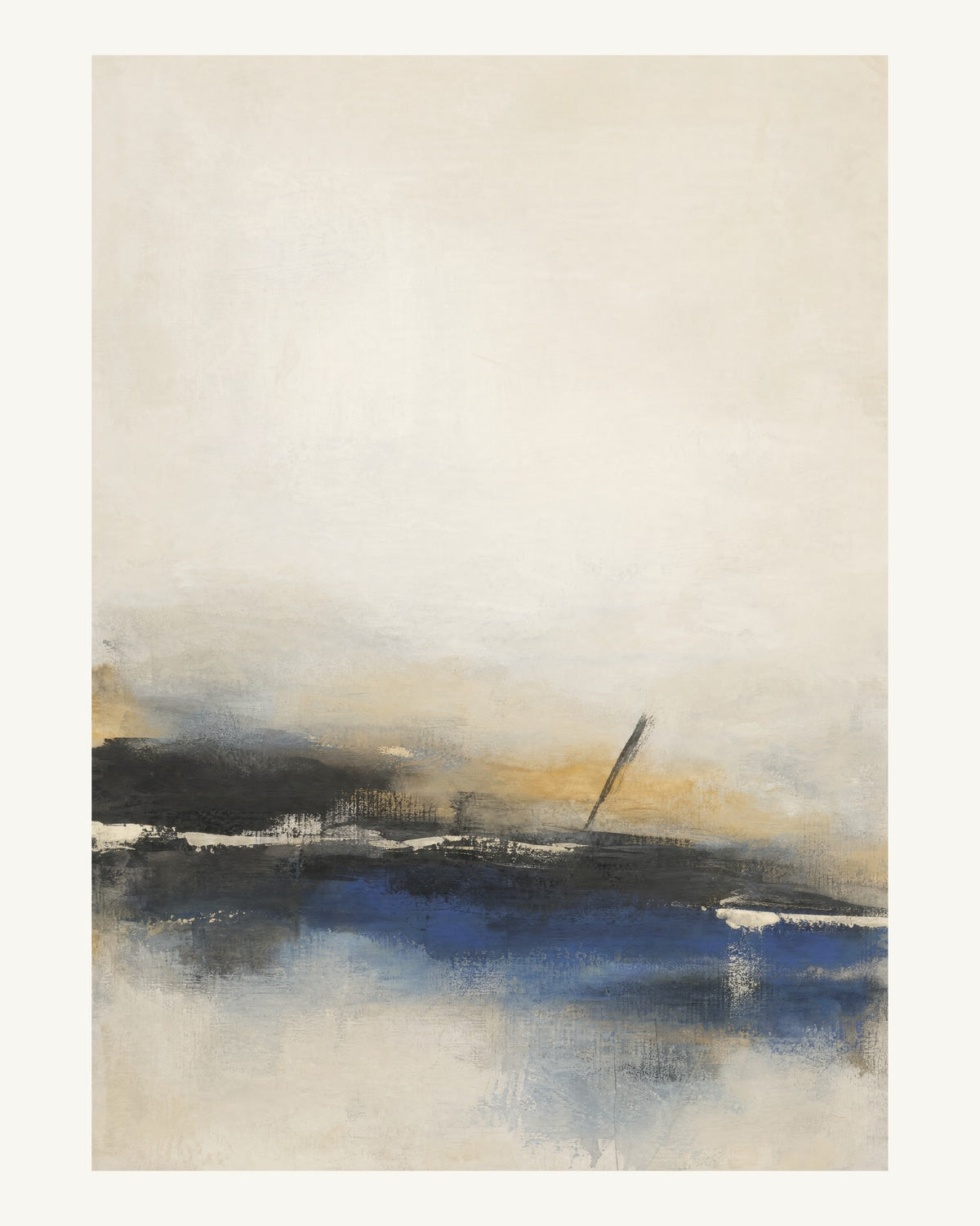 Abstrakt måleriskt motiv i svart, kalkvitt, ultramarin, dämpad ockra. Breda, ojämna färglager möts kring en avbruten horisont och lämnar gott om ljus luft. 40 × 50 cm.
