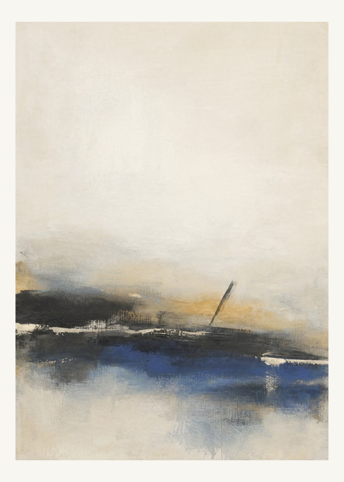 Abstrakt måleriskt motiv i svart, kalkvitt, ultramarin, dämpad ockra. Breda, ojämna färglager möts kring en avbruten horisont och lämnar gott om ljus luft. 50 × 70 cm.