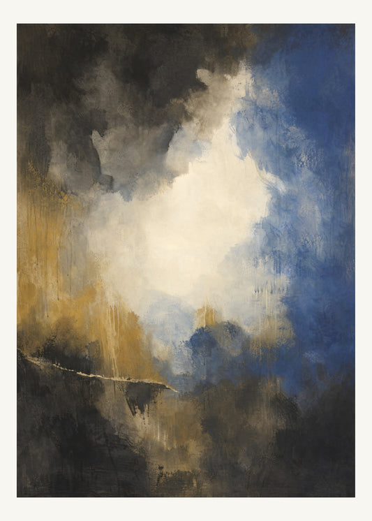 Abstrakt måleriskt motiv i svart, kalkvitt, ultramarin, dämpad ockra. Mjuka färgfält löser upp sig kring ett ljust mellanrum, med diskreta skrapningar som ger ytan liv. 50 × 70 cm.