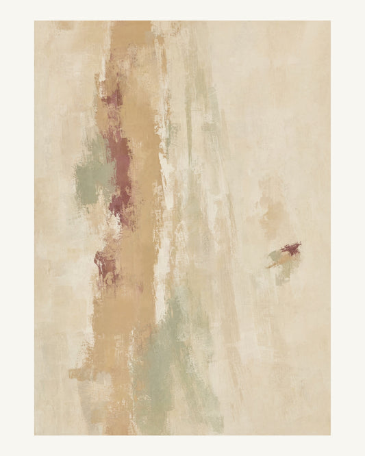 Abstrakt måleriskt motiv i ekmönstrad, varm krita, vinrött, dämpad salvia. Ett brutet lodrätt färgstråk möter tunna utsuddade slöjor och en liten förskjuten accent. 40 × 50 cm.