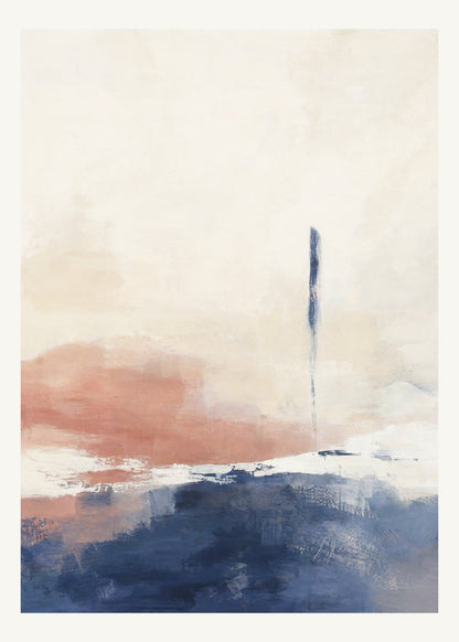 Abstrakt måleriskt motiv i vit, benvitt, djup indigo, lerrosa. Breda, ojämna färglager möts kring en avbruten horisont och lämnar gott om ljus luft. 50 × 70 cm.