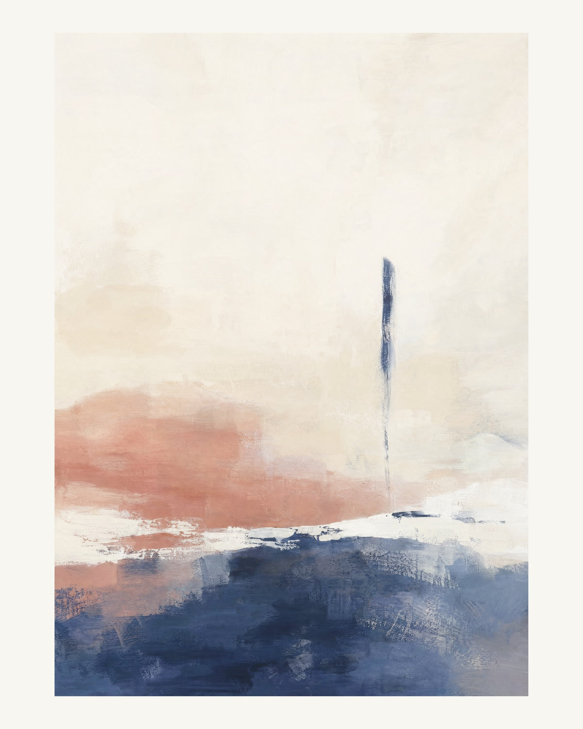 Abstrakt måleriskt motiv i vit, benvitt, djup indigo, lerrosa. Breda, ojämna färglager möts kring en avbruten horisont och lämnar gott om ljus luft. 40 × 50 cm.