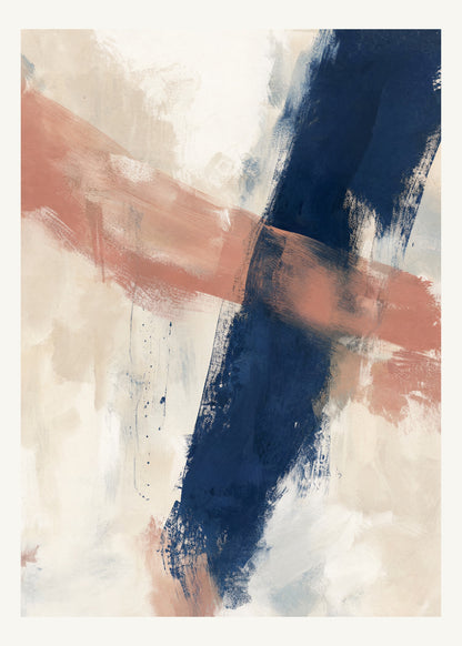 Abstrakt måleriskt motiv i vit, benvitt, djup indigo, lerrosa. Två olika penselrörelser möts i en öppen, asymmetrisk komposition med synliga underliggande färglager. 50 × 70 cm.