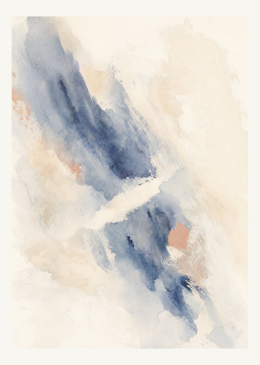 Abstrakt måleriskt motiv i vit, benvitt, djup indigo, lerrosa. Tunna färgslöjor glider diagonalt över ljusa partier, med ett tätare färgavtryck som motvikt. 50 × 70 cm.