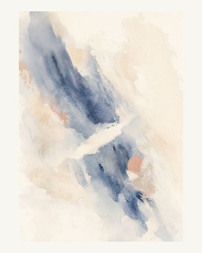 Abstrakt måleriskt motiv i vit, benvitt, djup indigo, lerrosa. Tunna färgslöjor glider diagonalt över ljusa partier, med ett tätare färgavtryck som motvikt. 40 × 50 cm.