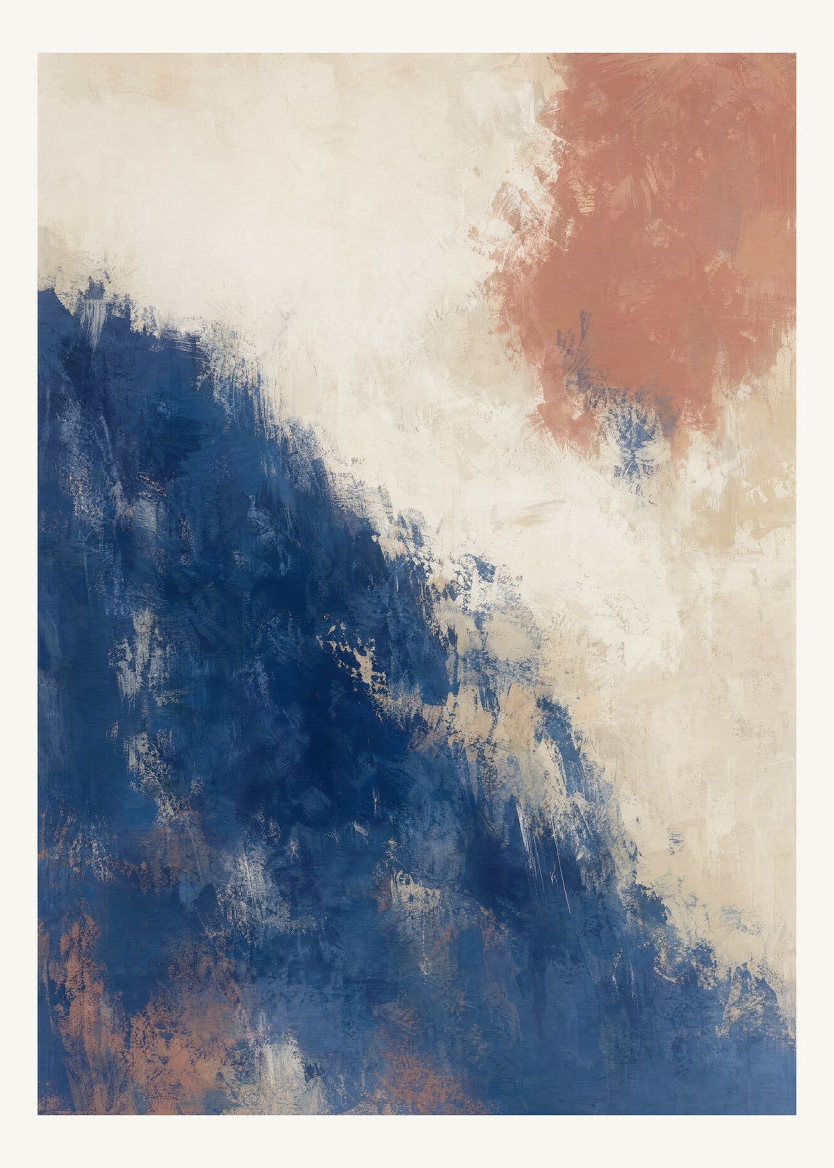 Abstrakt måleriskt motiv i vit, benvitt, djup indigo, lerrosa. Ett fylligt, oregelbundet färgfält får tyngd av skrapade lager och bryts av ljusare öppningar. 50 × 70 cm.