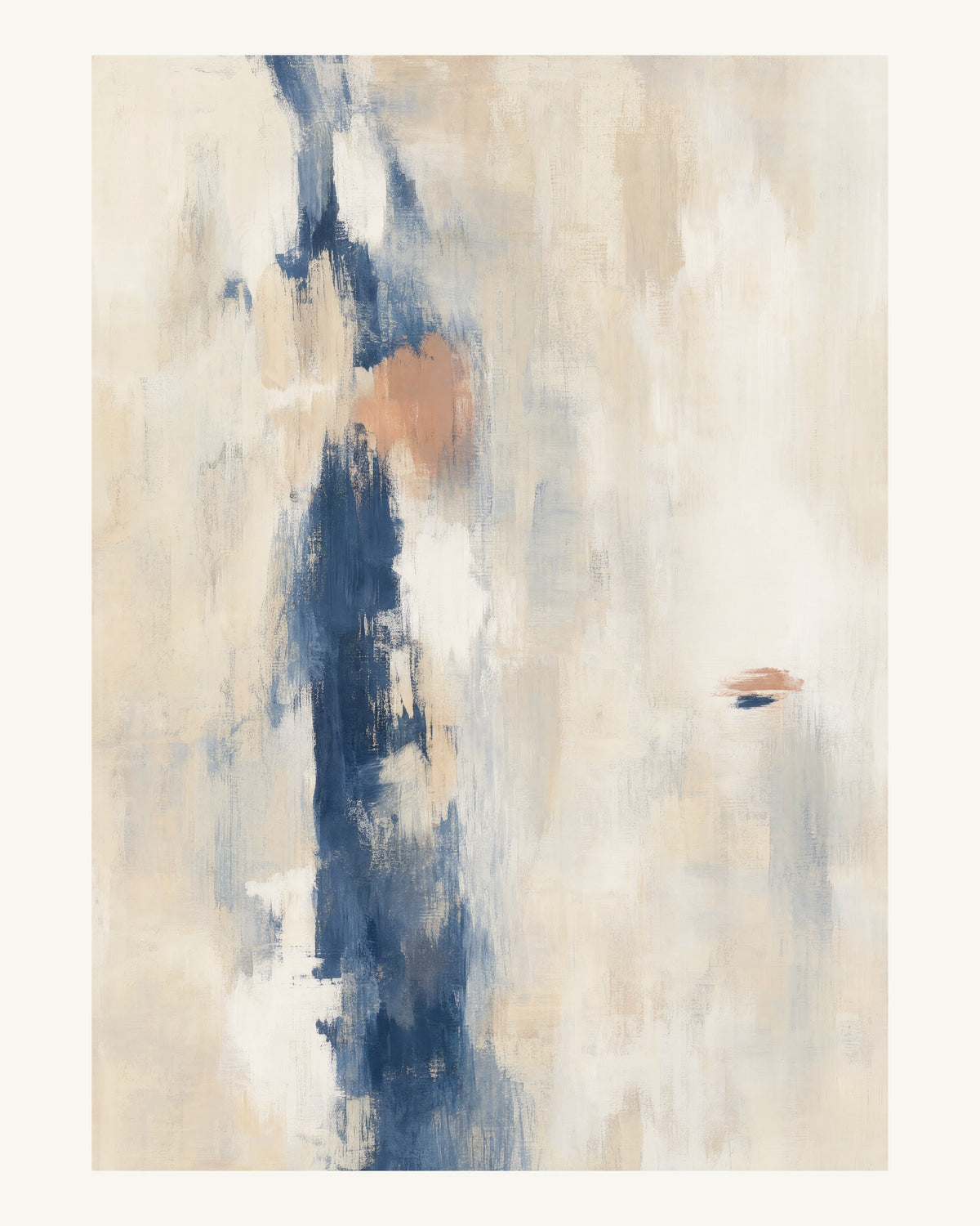 Abstrakt måleriskt motiv i vit, benvitt, djup indigo, lerrosa. Ett brutet lodrätt färgstråk möter tunna utsuddade slöjor och en liten förskjuten accent. 40 × 50 cm.