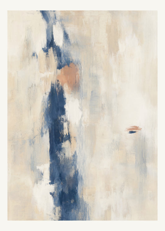 Abstrakt måleriskt motiv i vit, benvitt, djup indigo, lerrosa. Ett brutet lodrätt färgstråk möter tunna utsuddade slöjor och en liten förskjuten accent. 50 × 70 cm.