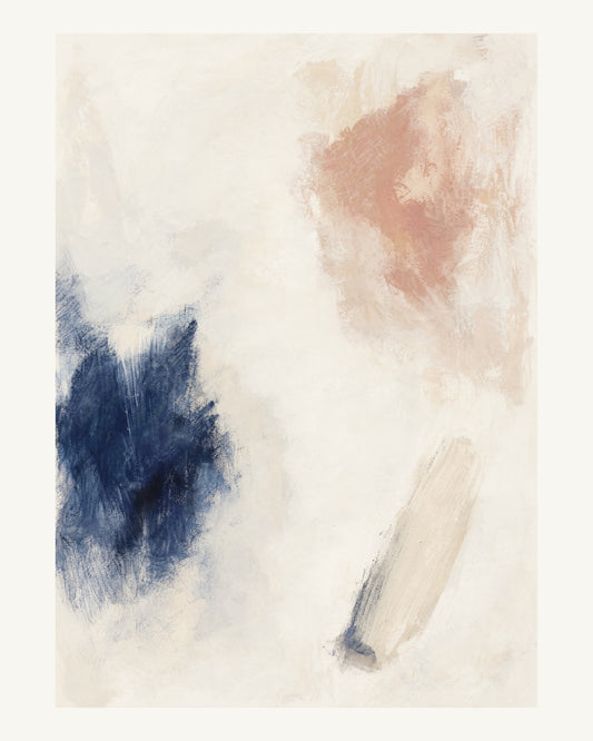 Abstrakt måleriskt motiv i vit, benvitt, djup indigo, lerrosa. Fristående färgavtryck i olika storlek lämnar generösa mellanrum och låter papprets ljusa yta bära bilden. 40 × 50 cm.
