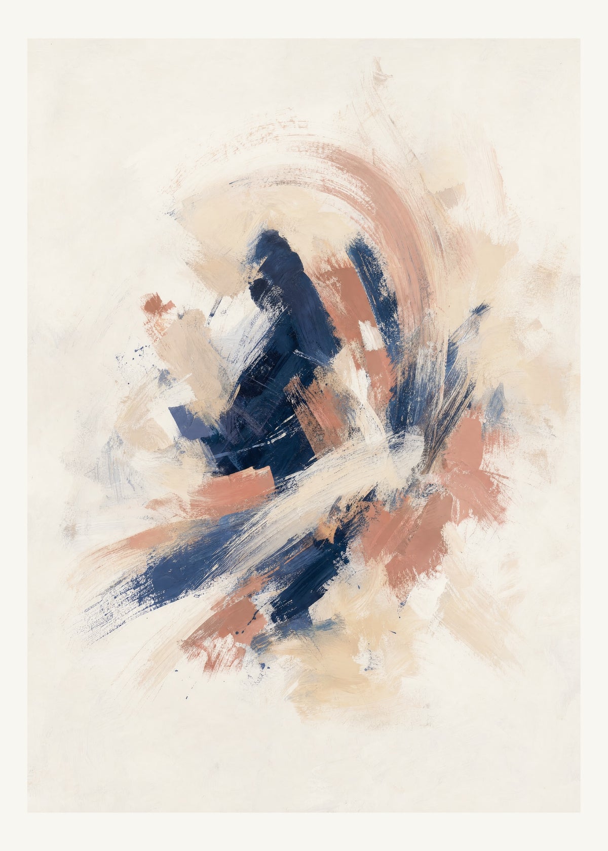 Abstrakt måleriskt motiv i vit, benvitt, djup indigo, lerrosa. Korta, torra penseldrag möter en bredare rörelse i en färgrik mittpunkt med luft runt omkring. 50 × 70 cm.