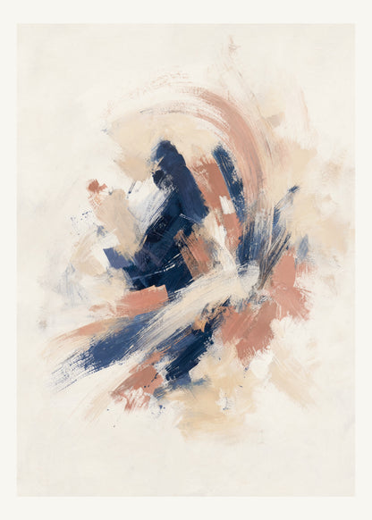 Abstrakt måleriskt motiv i vit, benvitt, djup indigo, lerrosa. Korta, torra penseldrag möter en bredare rörelse i en färgrik mittpunkt med luft runt omkring. 50 × 70 cm.