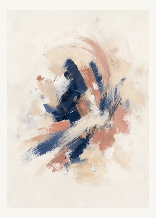 Abstrakt måleriskt motiv i vit, benvitt, djup indigo, lerrosa. Korta, torra penseldrag möter en bredare rörelse i en färgrik mittpunkt med luft runt omkring. 50 × 70 cm.