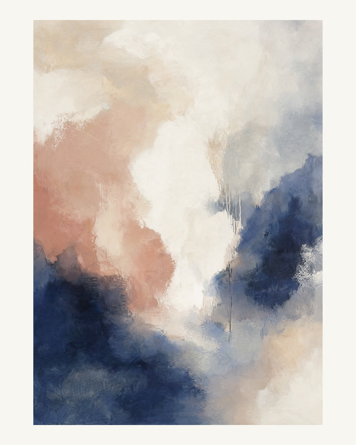 Abstrakt måleriskt motiv i vit, benvitt, djup indigo, lerrosa. Mjuka färgfält löser upp sig kring ett ljust mellanrum, med diskreta skrapningar som ger ytan liv. 40 × 50 cm.