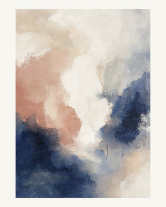 Abstrakt måleriskt motiv i vit, benvitt, djup indigo, lerrosa. Mjuka färgfält löser upp sig kring ett ljust mellanrum, med diskreta skrapningar som ger ytan liv. 40 × 50 cm.