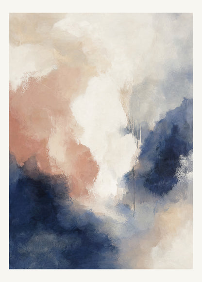 Abstrakt måleriskt motiv i vit, benvitt, djup indigo, lerrosa. Mjuka färgfält löser upp sig kring ett ljust mellanrum, med diskreta skrapningar som ger ytan liv. 50 × 70 cm.