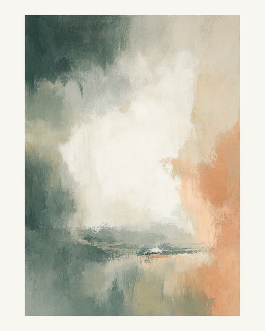 Abstrakt måleriskt motiv i vit trämönstrad, ljus kalk, skogsskugga, aprikos. Mjuka färgfält löser upp sig kring ett ljust mellanrum, med diskreta skrapningar som ger ytan liv. 40 × 50 cm.