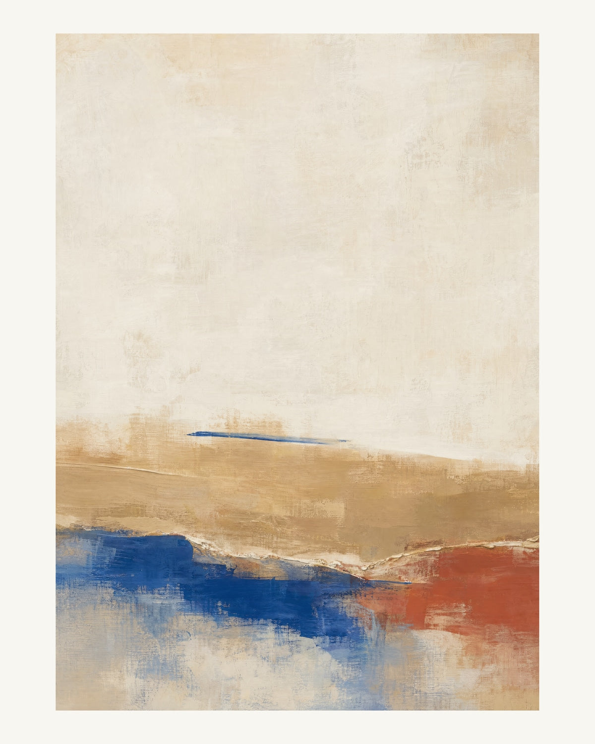 Abstrakt måleriskt motiv i ek, varmt elfenben, kobolt, tegelrött. Breda, ojämna färglager möts kring en avbruten horisont och lämnar gott om ljus luft. 40 × 50 cm.