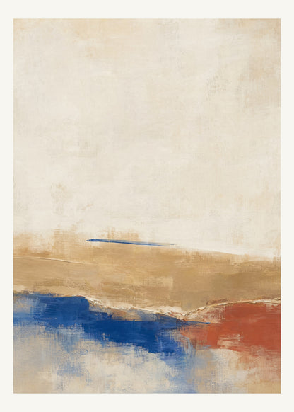 Abstrakt måleriskt motiv i ek, varmt elfenben, kobolt, tegelrött. Breda, ojämna färglager möts kring en avbruten horisont och lämnar gott om ljus luft. 50 × 70 cm.