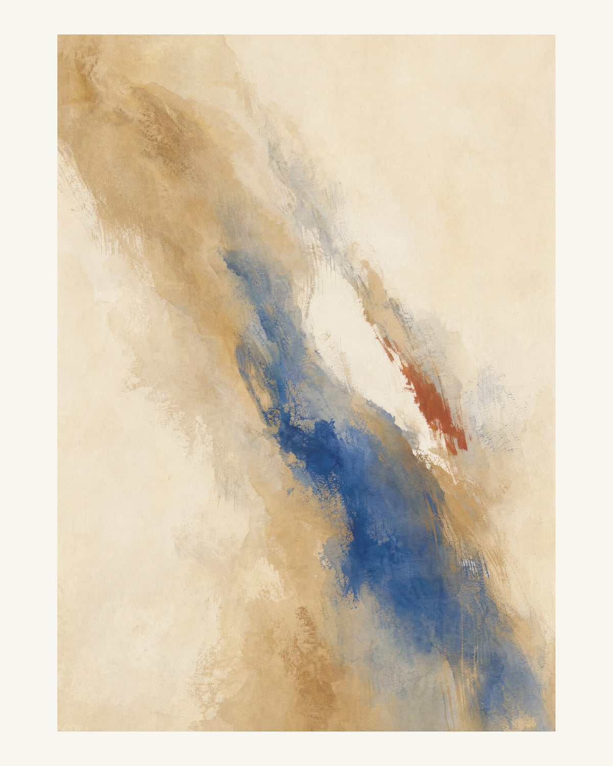 Abstrakt måleriskt motiv i ek, varmt elfenben, kobolt, tegelrött. Tunna färgslöjor glider diagonalt över ljusa partier, med ett tätare färgavtryck som motvikt. 40 × 50 cm.
