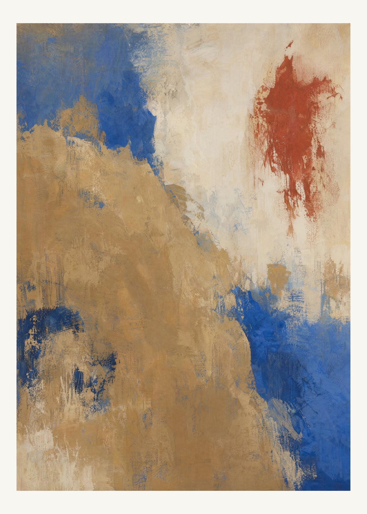 Abstrakt måleriskt motiv i ek, varmt elfenben, kobolt, tegelrött. Ett fylligt, oregelbundet färgfält får tyngd av skrapade lager och bryts av ljusare öppningar. 50 × 70 cm.