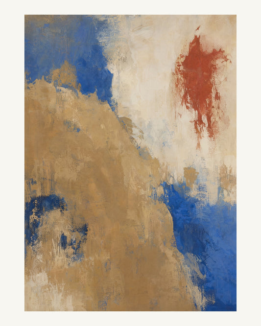 Abstrakt måleriskt motiv i ek, varmt elfenben, kobolt, tegelrött. Ett fylligt, oregelbundet färgfält får tyngd av skrapade lager och bryts av ljusare öppningar. 40 × 50 cm.