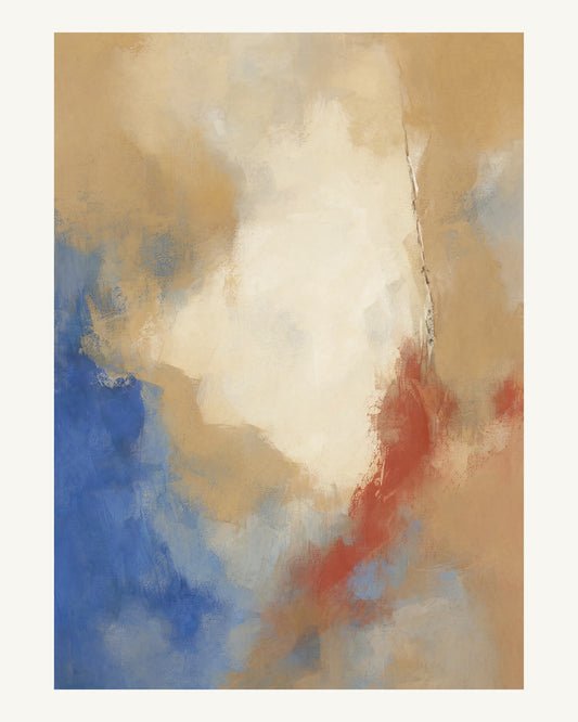 Abstrakt måleriskt motiv i ek, varmt elfenben, kobolt, tegelrött. Mjuka färgfält löser upp sig kring ett ljust mellanrum, med diskreta skrapningar som ger ytan liv. 40 × 50 cm.