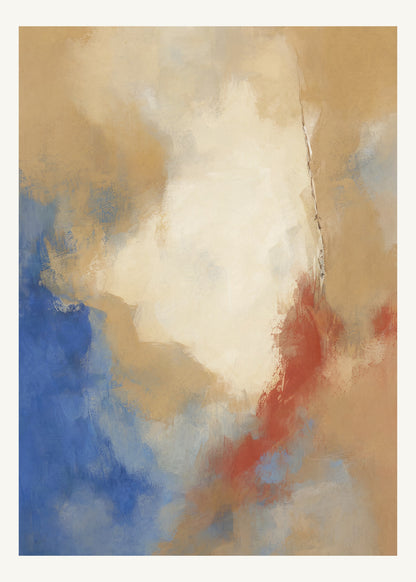 Abstrakt måleriskt motiv i ek, varmt elfenben, kobolt, tegelrött. Mjuka färgfält löser upp sig kring ett ljust mellanrum, med diskreta skrapningar som ger ytan liv. 50 × 70 cm.